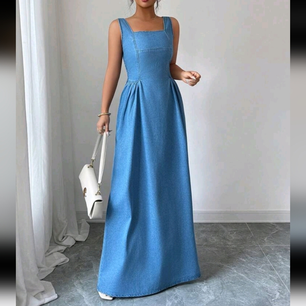Women's Casual Square Neck Sleeveless Long Denim Dress